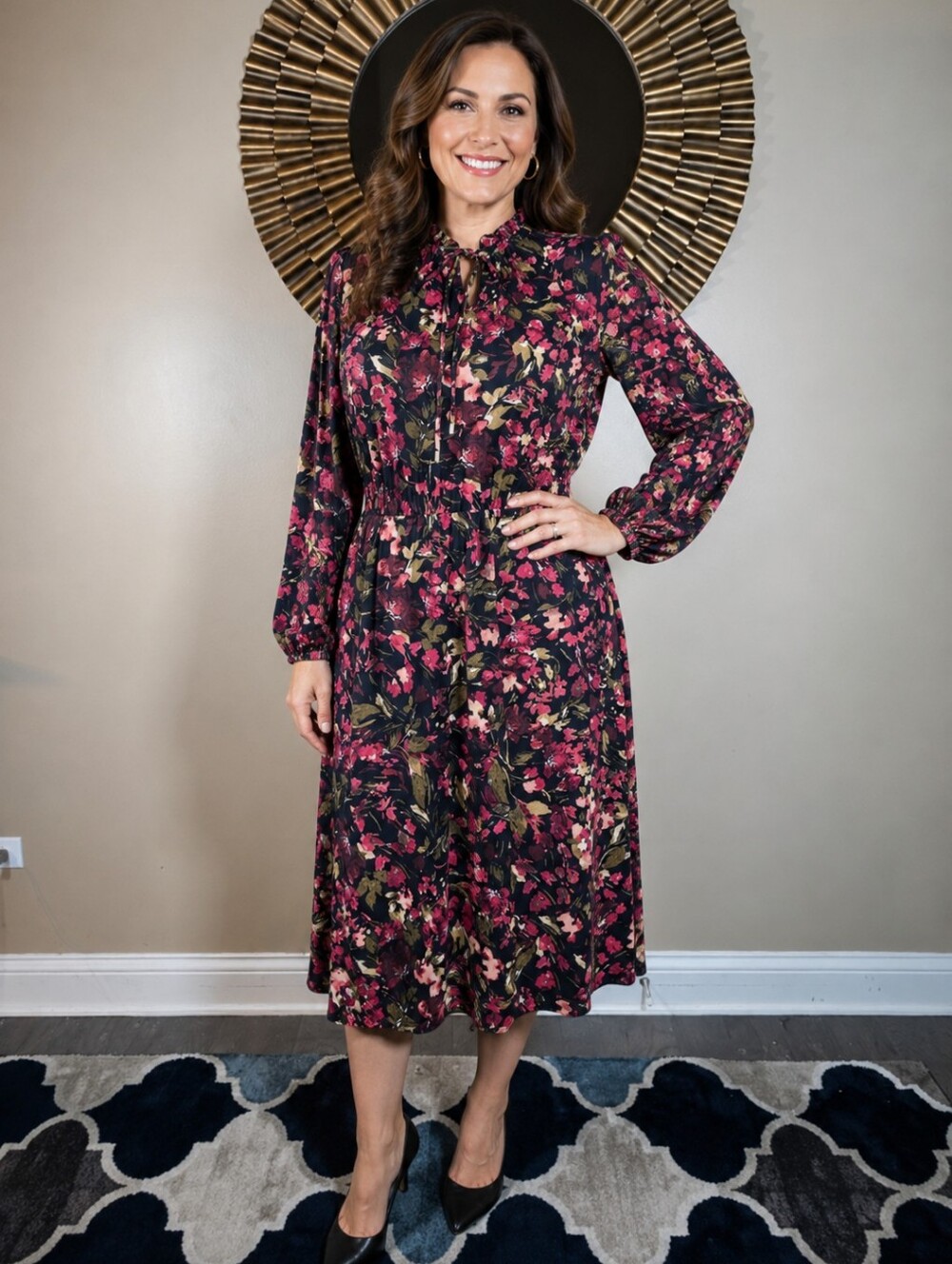 Anne Klein Multicolor Floral Long Sleeve Dress Size 16